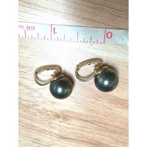 Dark Green Grey Faux Pearl Clip On Earrings Gold Tone Round Studs 0.5in